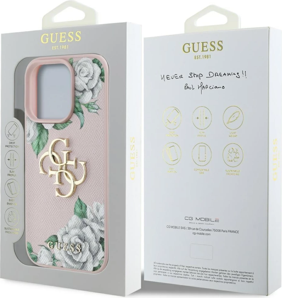 Mbështjellës Guess Grained Roses Big 4G logo për iPhone 16 Pro Max, Rozë