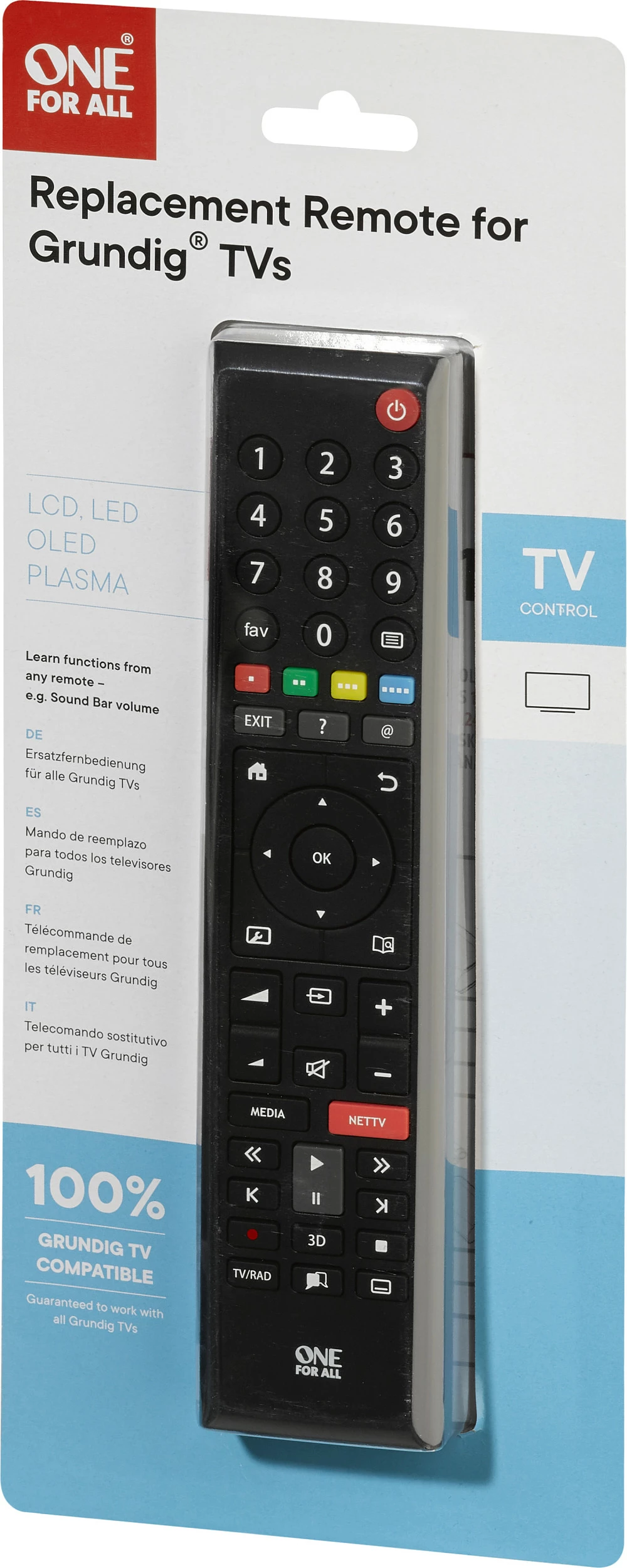 Telekomandë zëvendësuese One For All për TV Grundig, IR, 2xAAA, e zezë