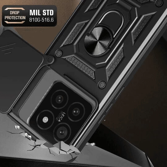 Mbështjellës silikoni armor ONASI për Xiaomi 14T, me unazë/stand, mbrojtje kamere me slider, pllakë magnetike, i zi