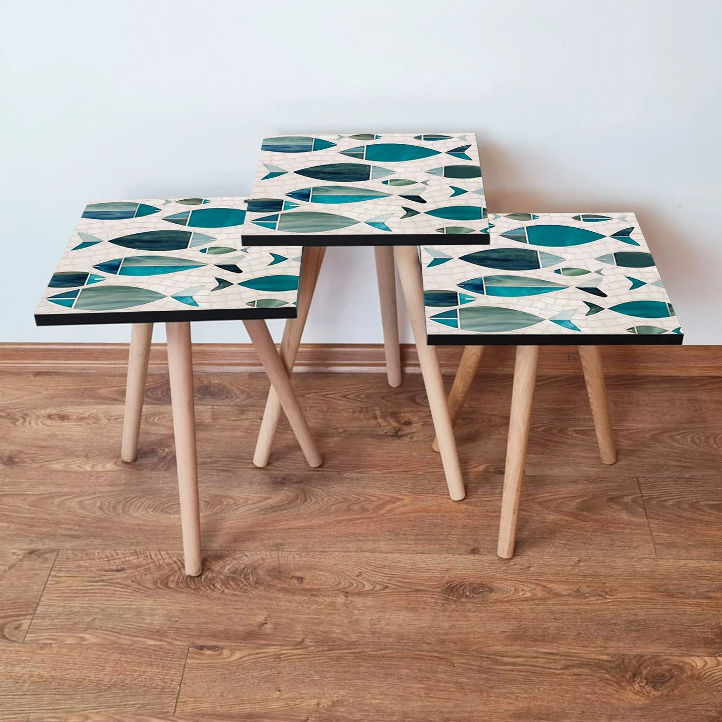 Set tavolinash ndihmëse, 3 copë, Skye Decor, ngjyrë bardhë, jeshile, kaltër, 3Shp269
