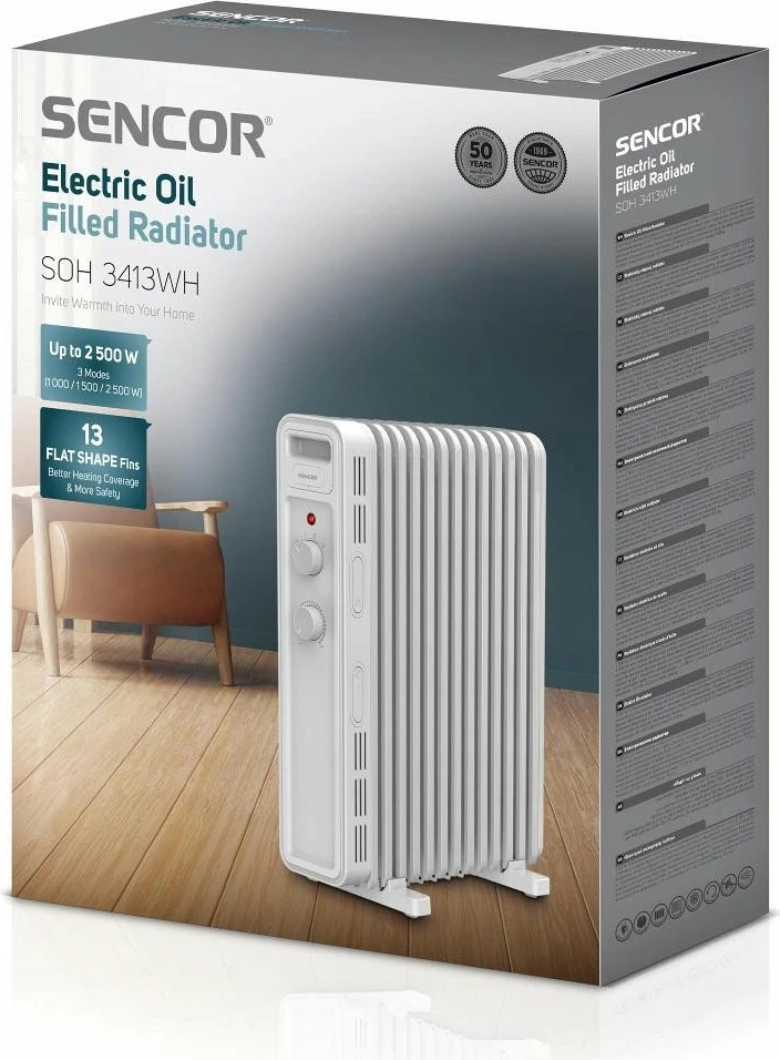 Ngrohës me vaj Sencor SOH 3413WH 2500W 13 brinjë me termostat, i bardhë