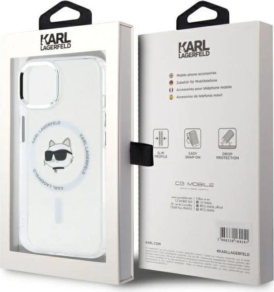 Mbështjellës Karl Lagerfeld IML Metal Choupette Head MagSafe për iPhone 15, Bardhë