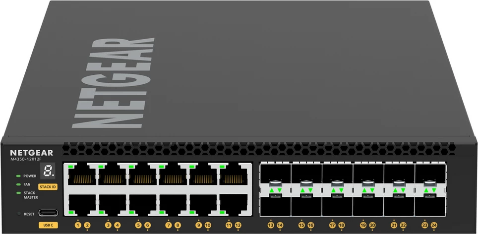 Switch Netgear M4350-12X12F XSM4324-100NES 24 porta 10GbE, 12x 10GBASE-T + 12x SFP+, e zezë