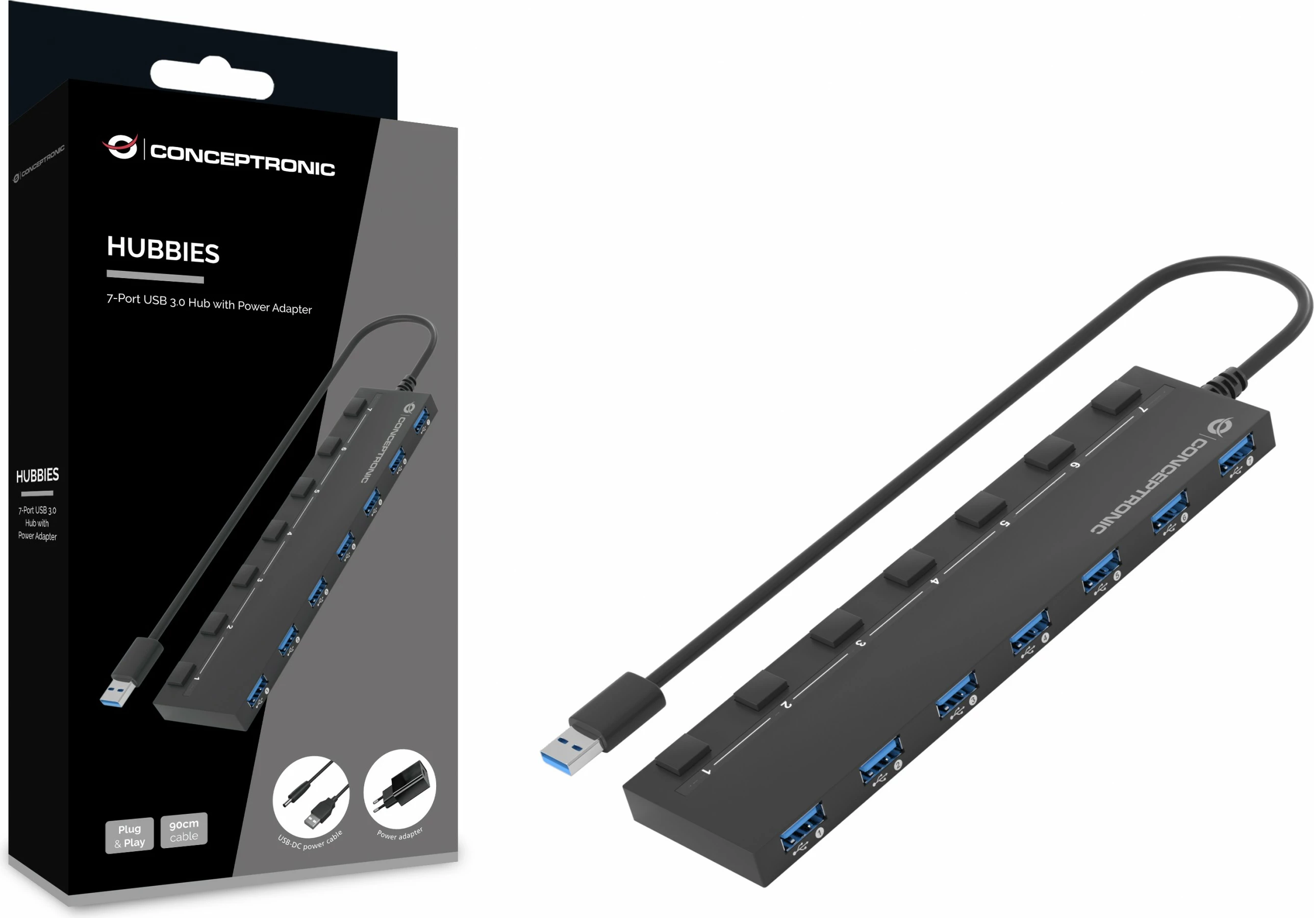 USB hub Conceptronic 7 porta USB 3.0/3.2 Gen1, me furnizim rryme, i zi