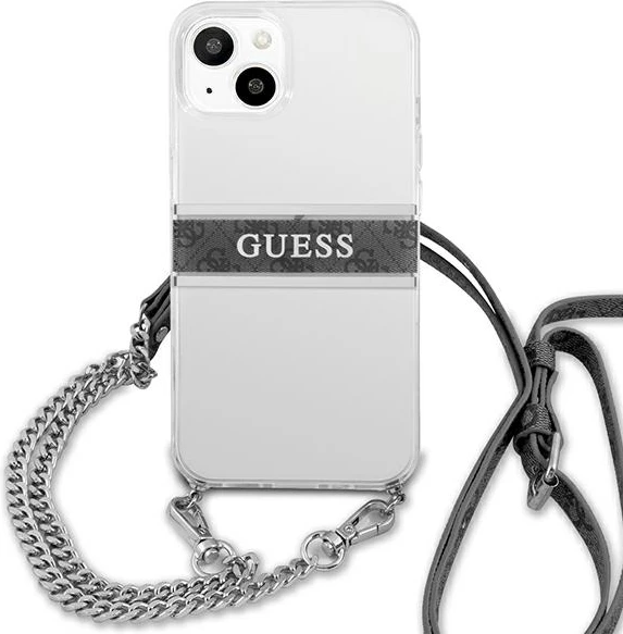 Mbështjellës Guess GUHCP13SKC4GBSI për iPhone 13 mini 5.4", transparent, me rrip dhe zinxhir argjendi