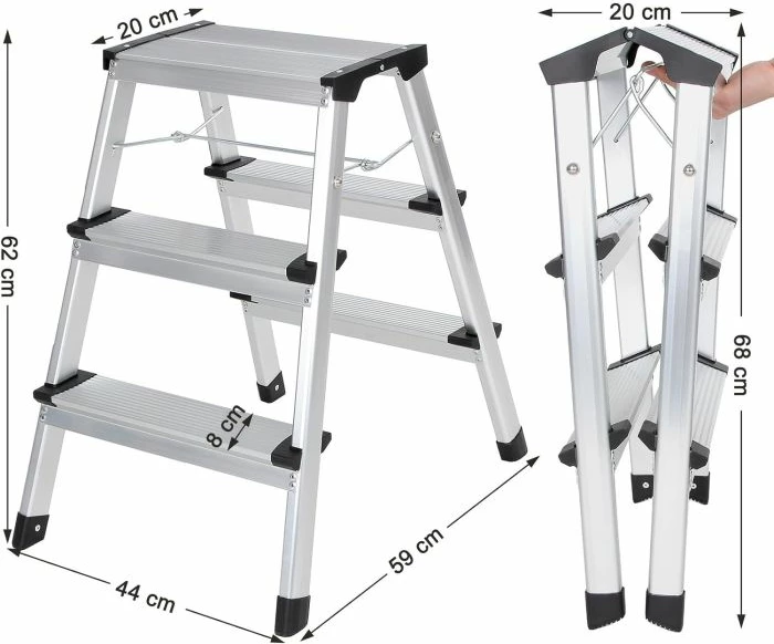 Shkallë alumini SONGMICS GLT23K 3 shkallë, 150 kg, argjend/zi