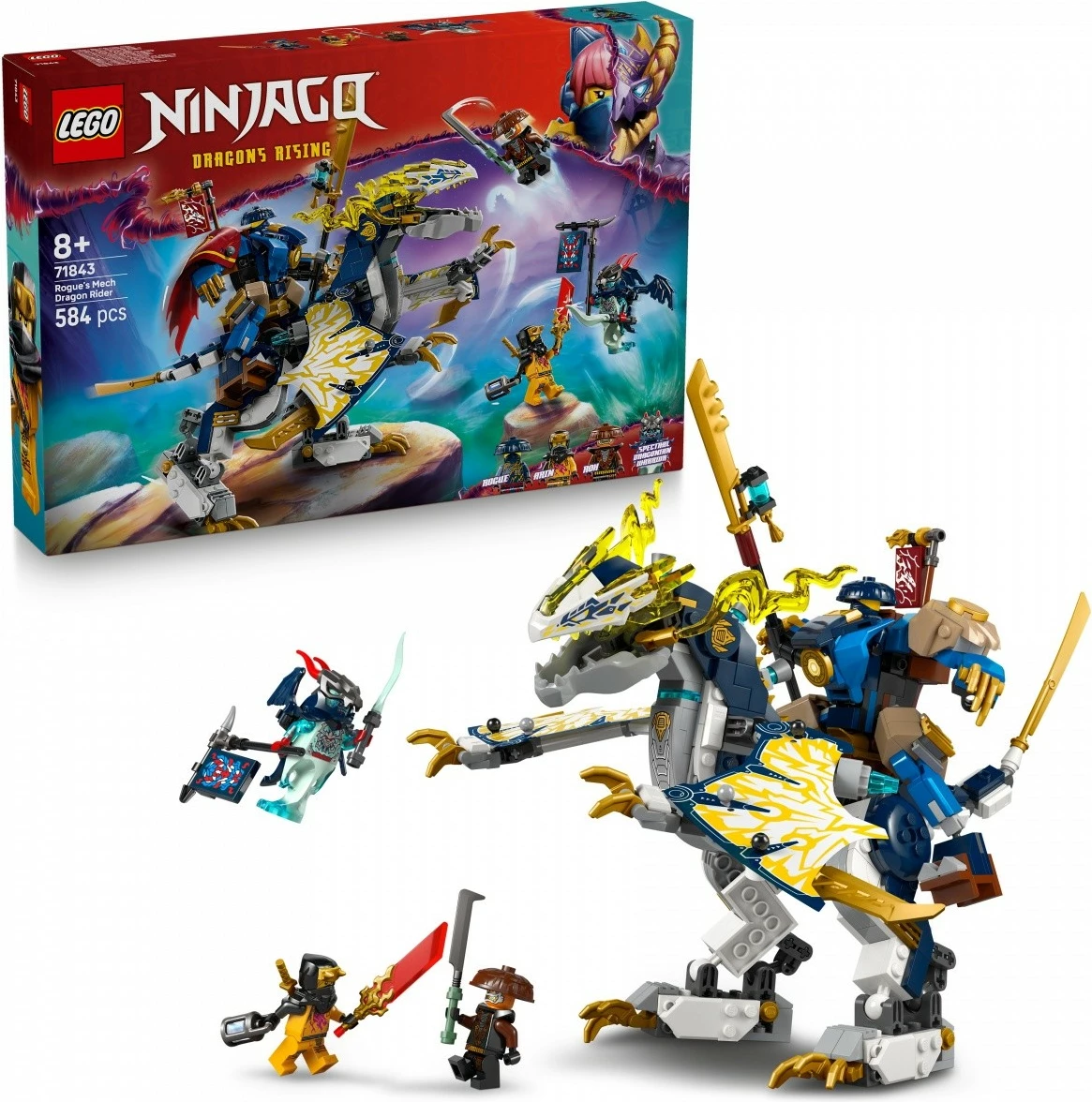 Set ndërtimi LEGO Ninjago Rogue Dragon Rider Mech 71843, 584 pjesë, për fëmijë, shumëngjyrësh