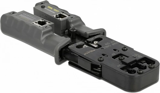 Pincë krimpuese DeLOCK për RJ45/RJ12/RJ11/RJ10, me zhveshës kabllo dhe tester rrjeti, e zezë/gri
