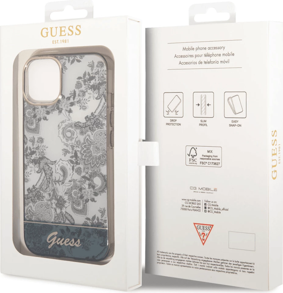 Mbështjellës Guess GUHCP14MHGPLHG për iPhone 14 Plus, Toile De Jouy (Porcelanasta Collection), gri/bardhë