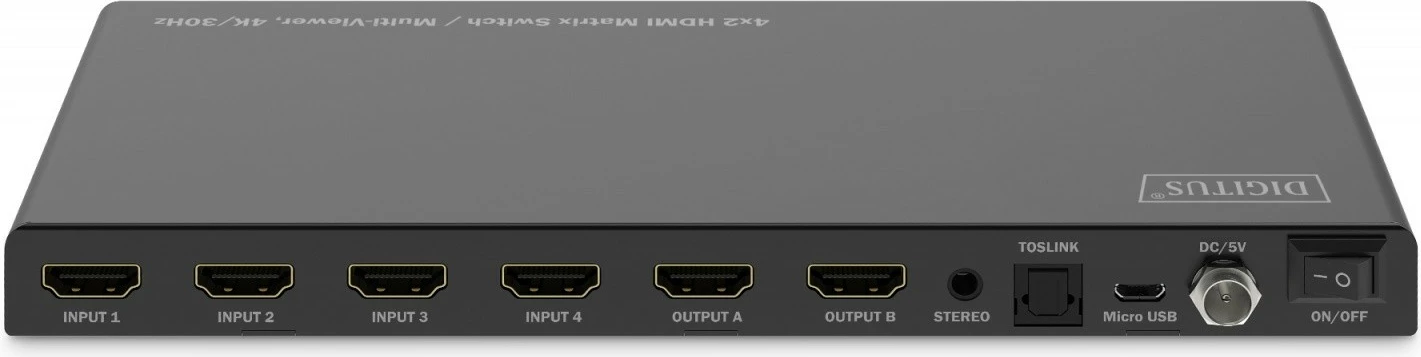 Switch HDMI Digitus DS-55345, 4 hyrje, 2 dalje, 4K/30Hz, me telekomandë, i zi