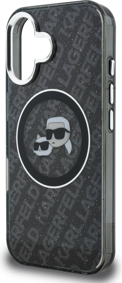 Mbështjellës Karl Lagerfeld IML Glitter Karl & Choupette Heads Logo, MagSafe, për iPhone 16, i zi, në kuti