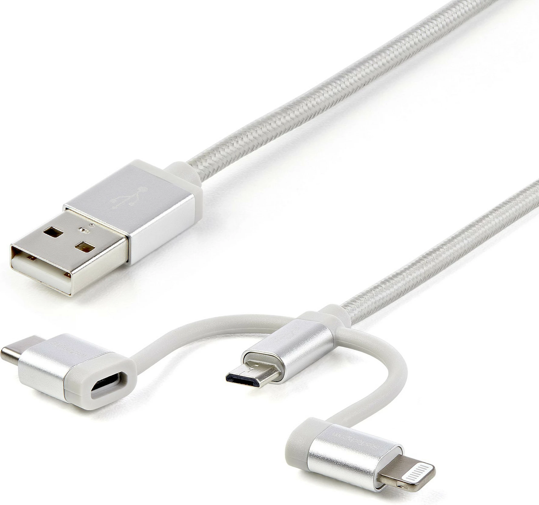 Kabllo karikimi 3-n-1 StarTech LTCUB1MGR, USB-A në Micro-USB/USB-C/Lightning, 1 m, e thurur, argjendtë