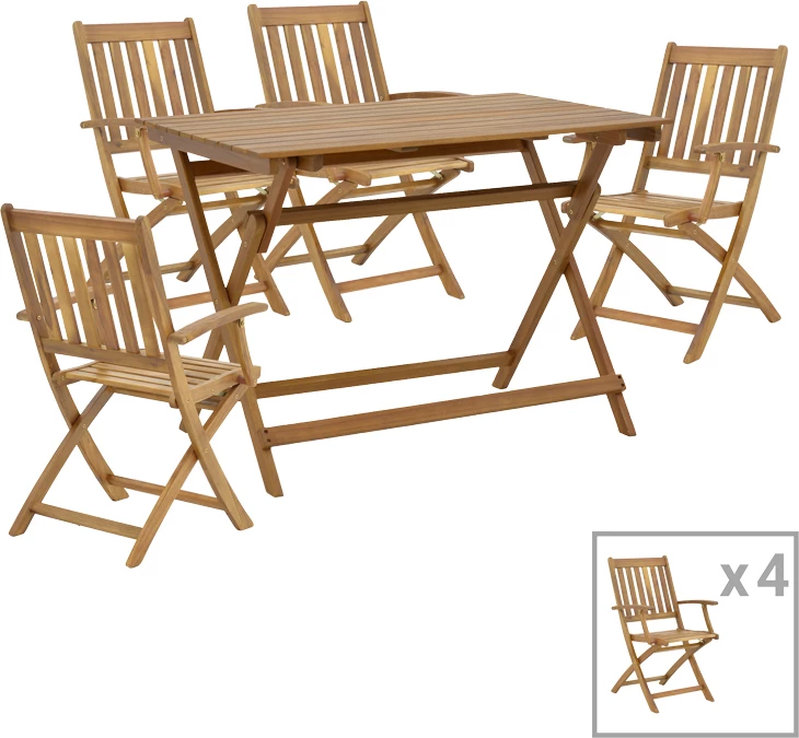 Tavolinë me karrige për terasë, Mobie-Jaybo, set prej 5 copash, dru akacie, 100x65x72cm