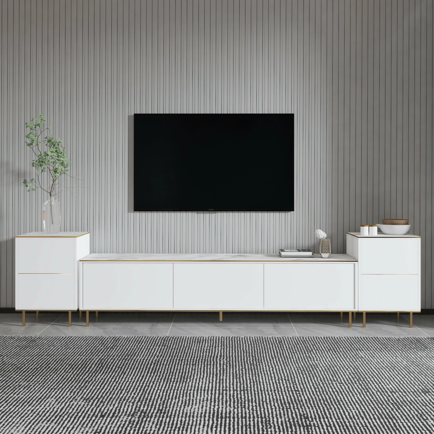 Komodë TV Hanah Home, imitim mermeri i bardhë, ari