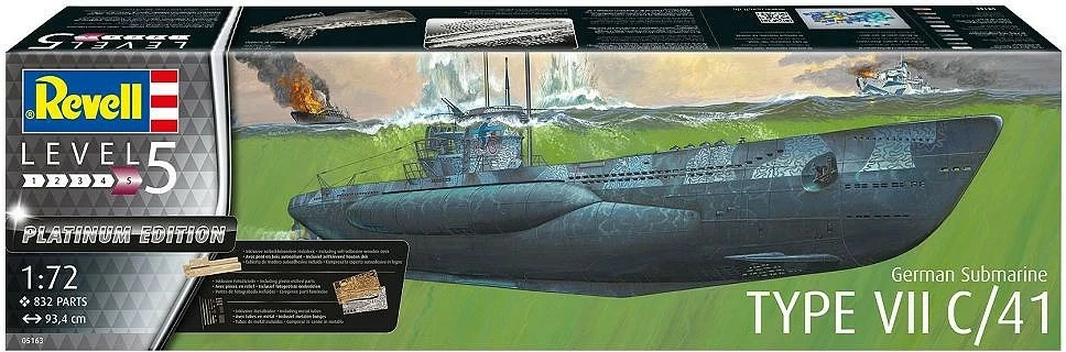 Model plastik nëndetëse gjermane Revell Type VII C/41, 1:72, 832 pjesë, Level 5