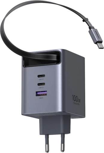 Karikues USB-C GaN UGREEN X616 (65828) 100W me kabllo tërheqëse 0.75 m, 4 porta, gri