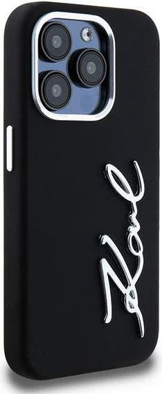 Mbështjellës Karl Lagerfeld Silicone Metal Script Logo për iPhone 15 Pro Max, i zi