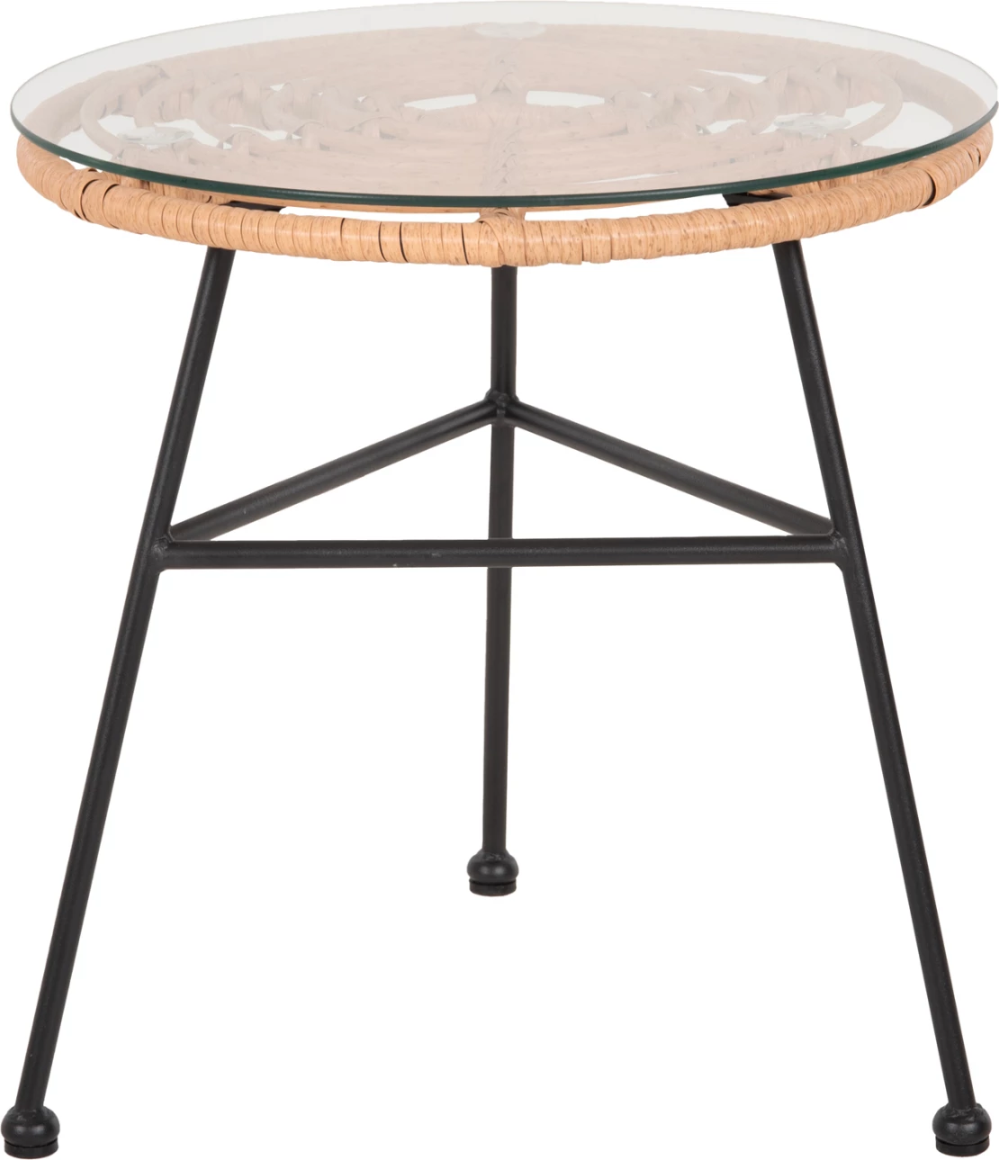 Tavolinë anësore e rrumbullakët, metal i zi, Allegra FH5459.11, bastun i thurur-bezhë, xham Φ45x46H cm