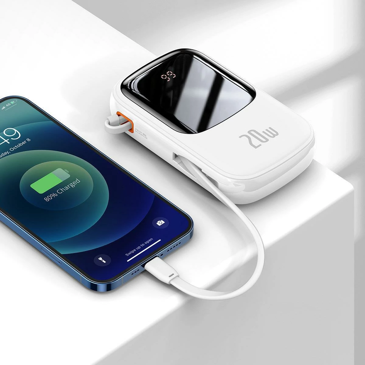 Power bank Baseus Qpow 20000mAh, 20W, me kabllo Lightning të integruar, Bardhë