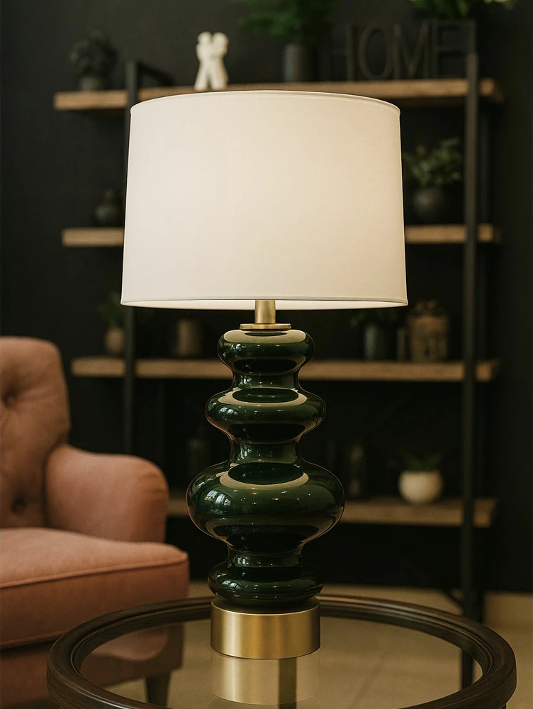 Lampë tavoline WHITLEY, xham i gjelbër, detaje ari, abazhur i bardhë, 38x38x75cm