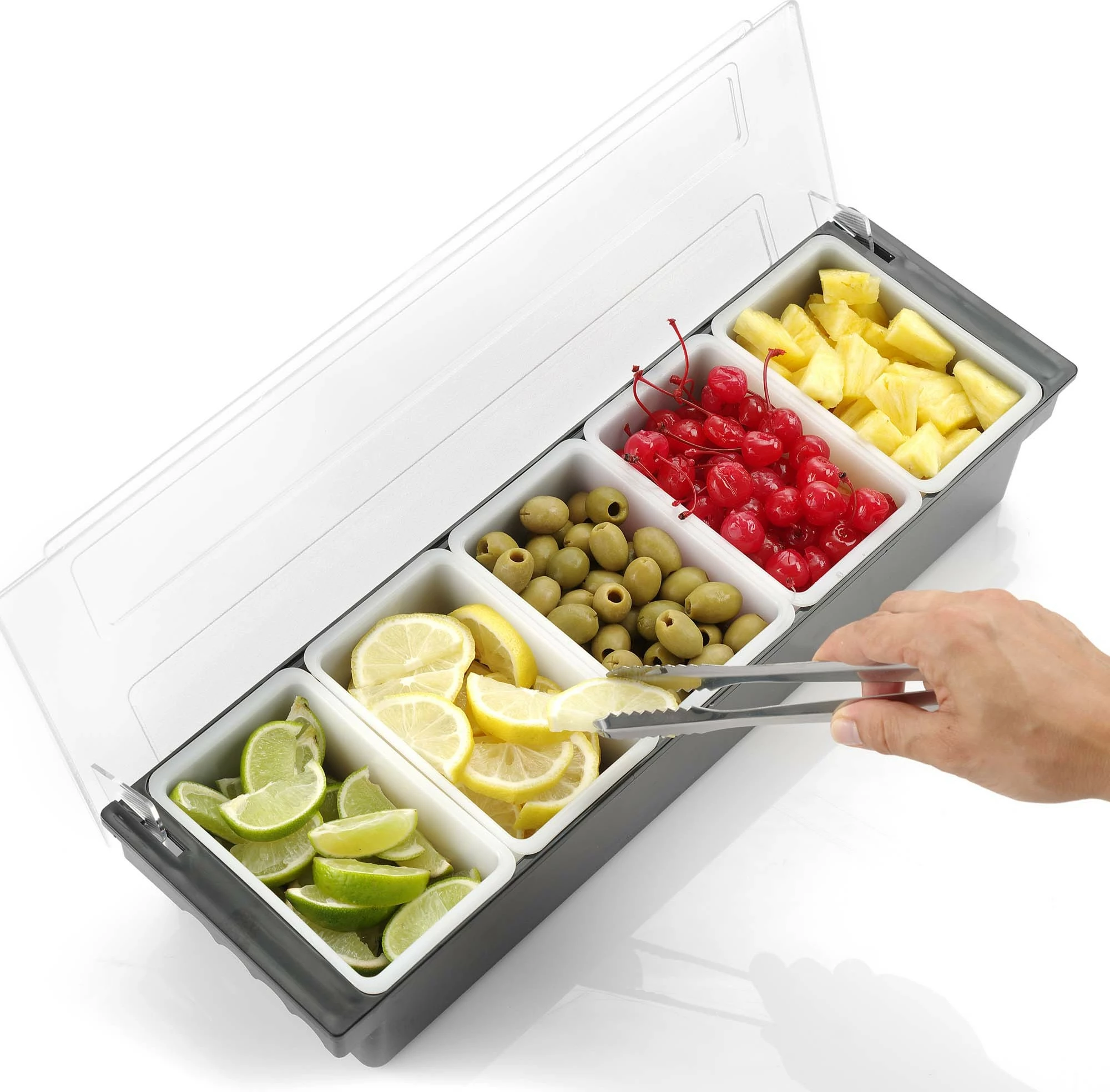 Mbajtës garniturash bar, Bar Up, 5 ndarje, 495 x 160 x 100 mm, me kapak, gri/transparente