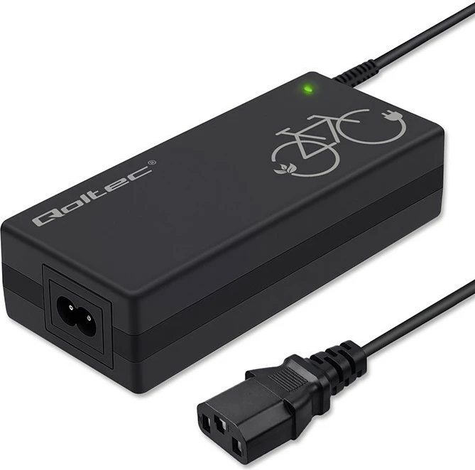 Karikues biçiklete elektrike, Qoltec, 52617, dalje 42V 2A 84W për bateri 36V Li-ion, prizë C14-IEC-3P me kabllo rryme, e zezë