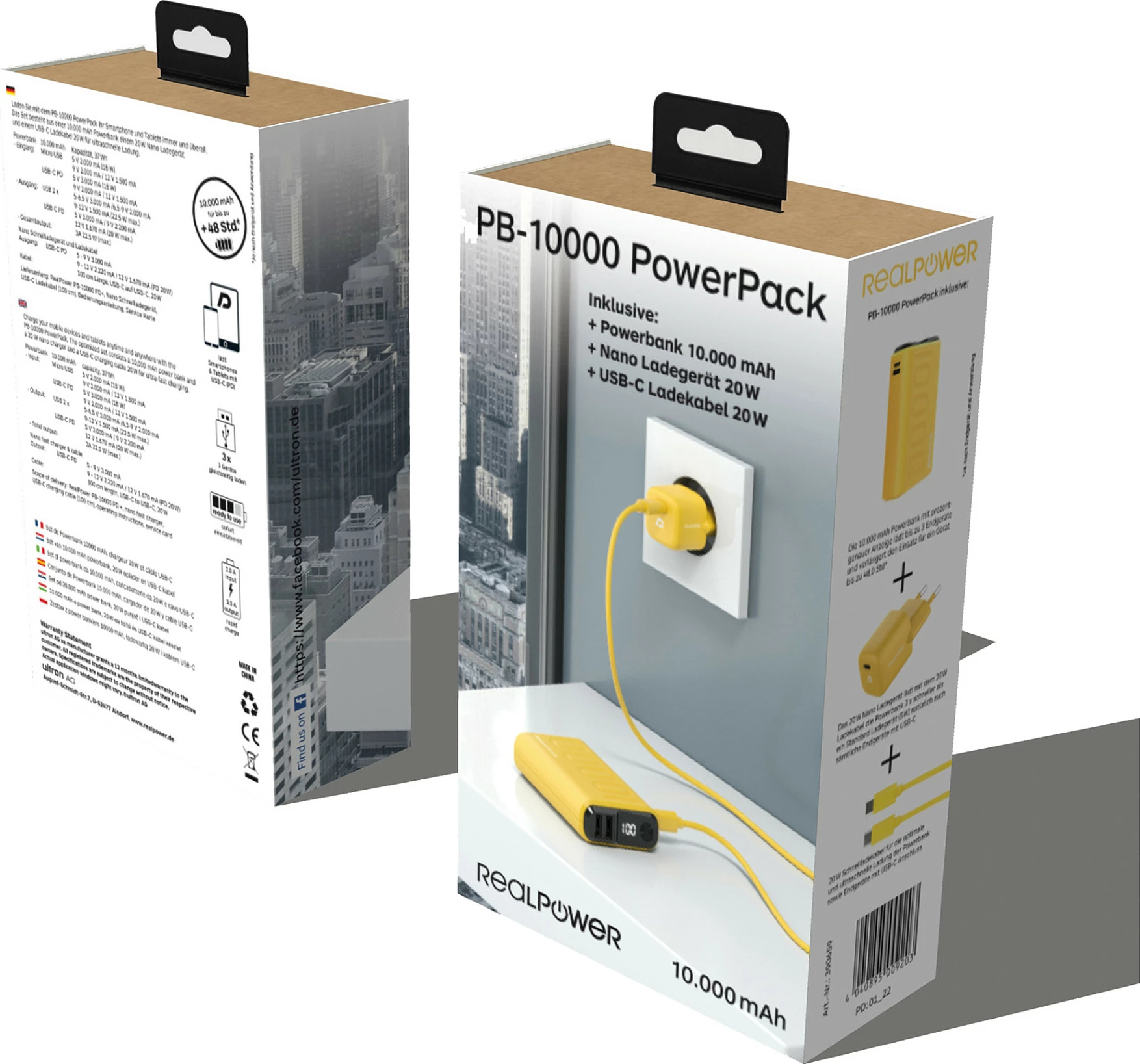 Powerbank Realpower Ultron PB-10000, 10000 mAh, USB-C PD, e verdhë