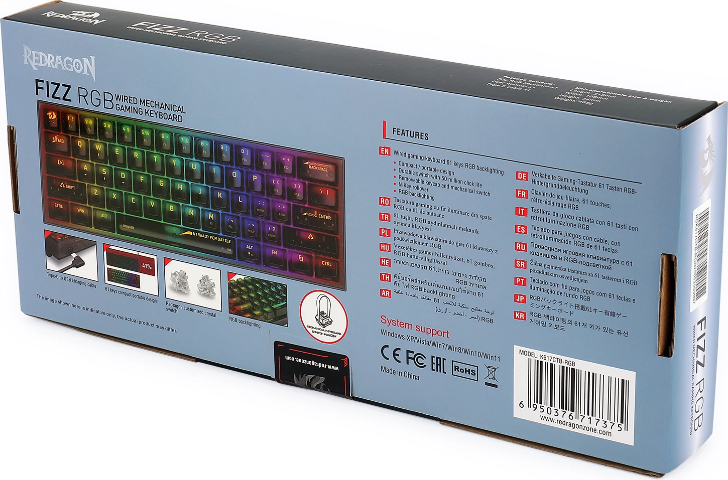Tastierë mekanike Redragon Fizz K617CTB-RGB 60% 61 tasta USB-C RGB Blue switch, zezë transparente