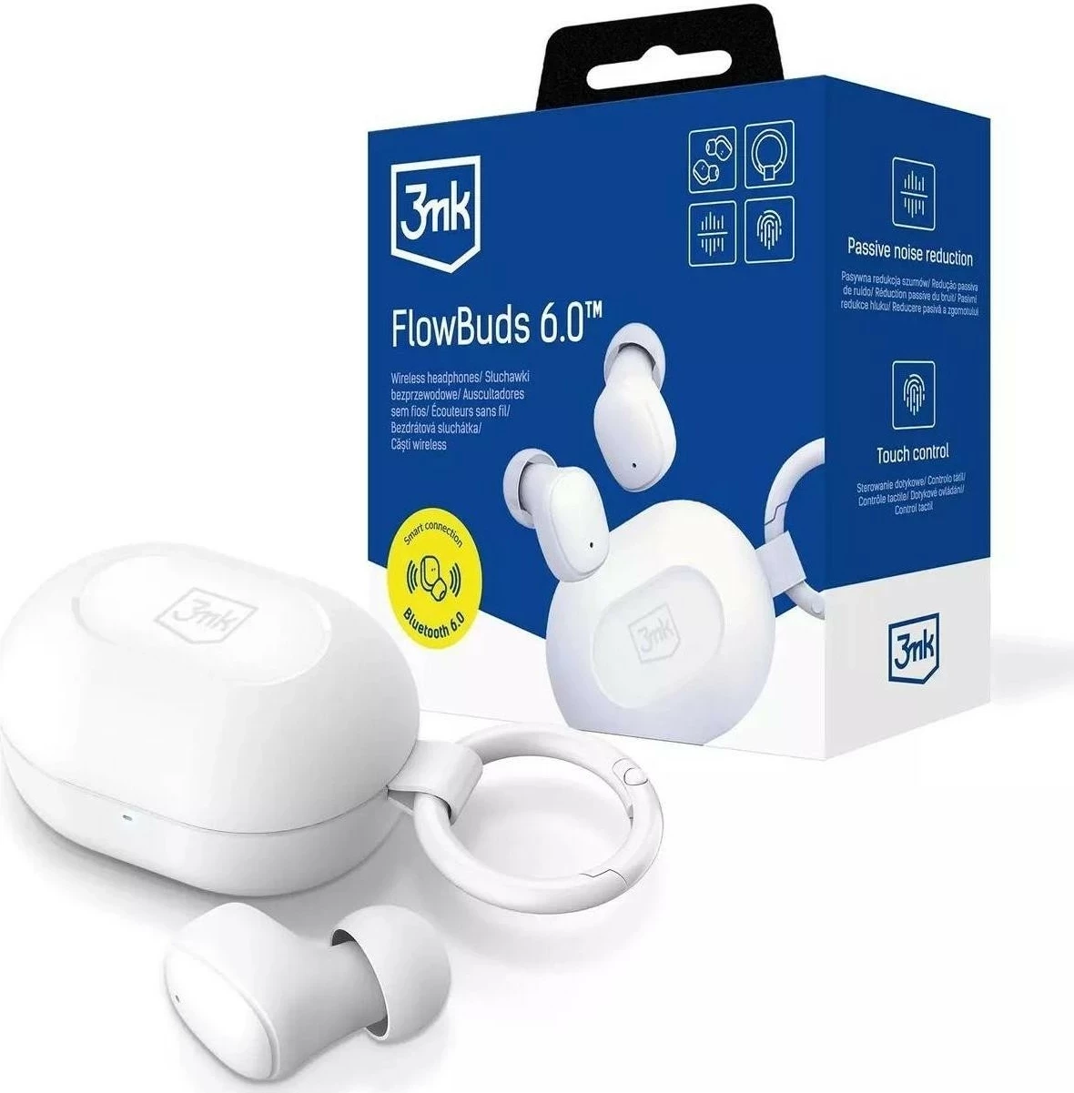 Kufje 3MK FlowBuds 6.0, True Wireless, Bluetooth, me kuti karikimi, të bardha
