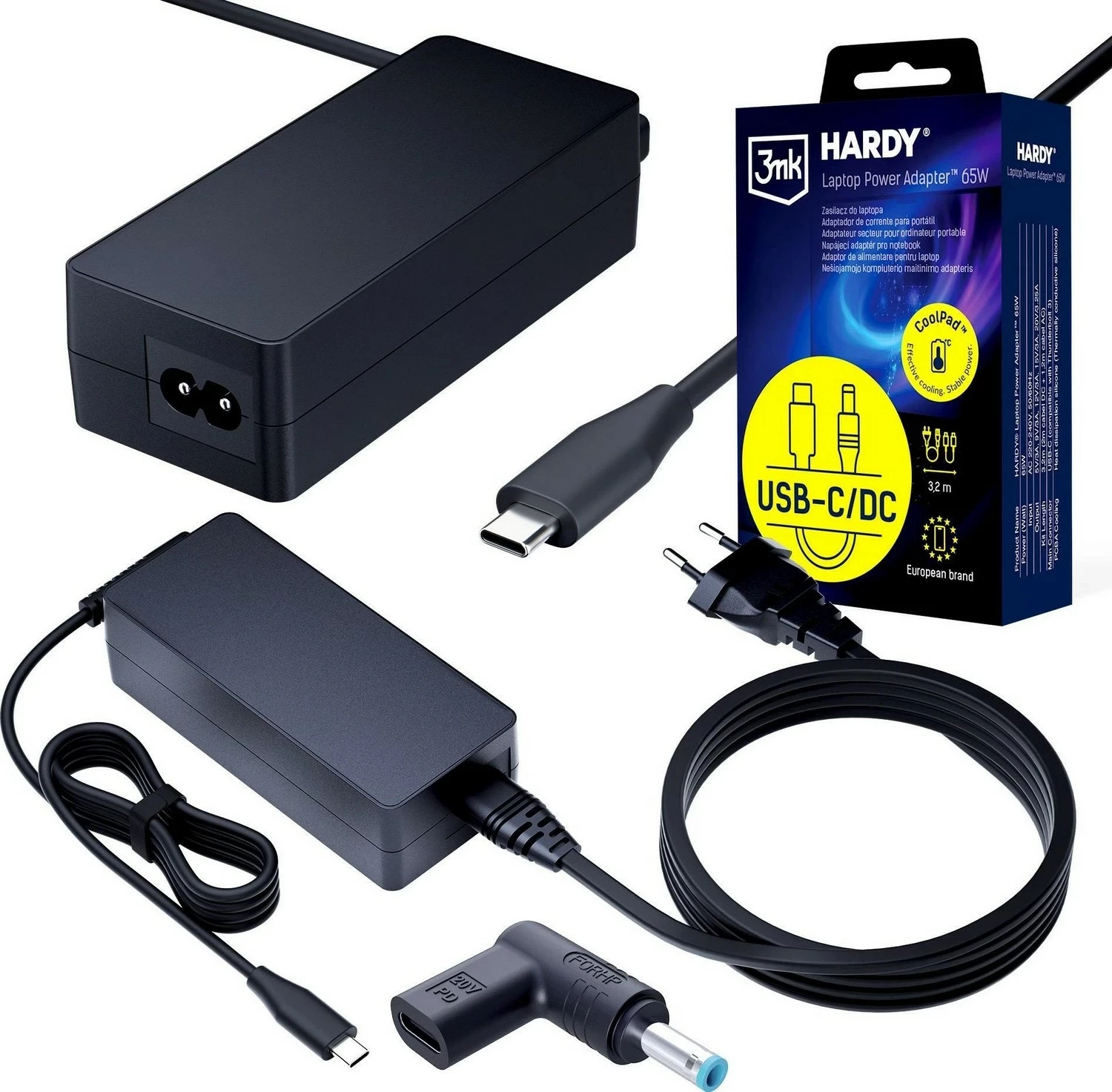 Adapter rryme laptopi 3MK HARDY 65W për HP, USB-C/DC 4.5 x 3.0, e zezë