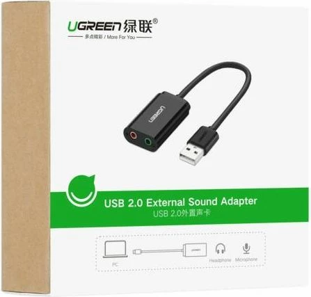 Adapter audio USB 2.0 në 3.5mm UGREEN 30724, dalje kufjesh + hyrje mikrofoni, 15cm, e zezë, me kuti