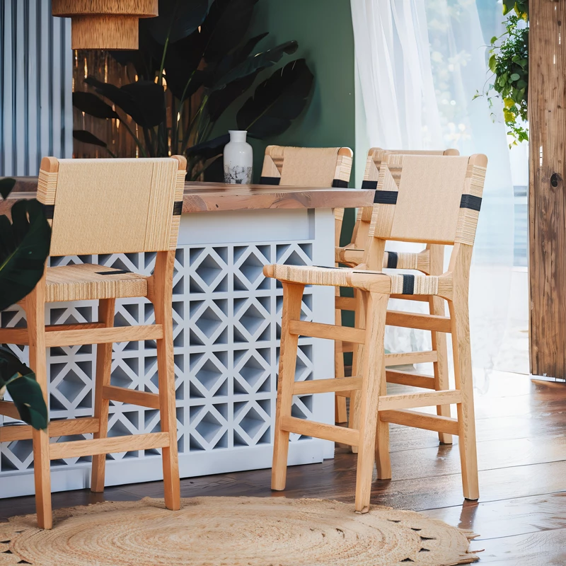 Karrige për bar Julien, dru gome natyral, litar natyral-zi, 45x46x95 cm