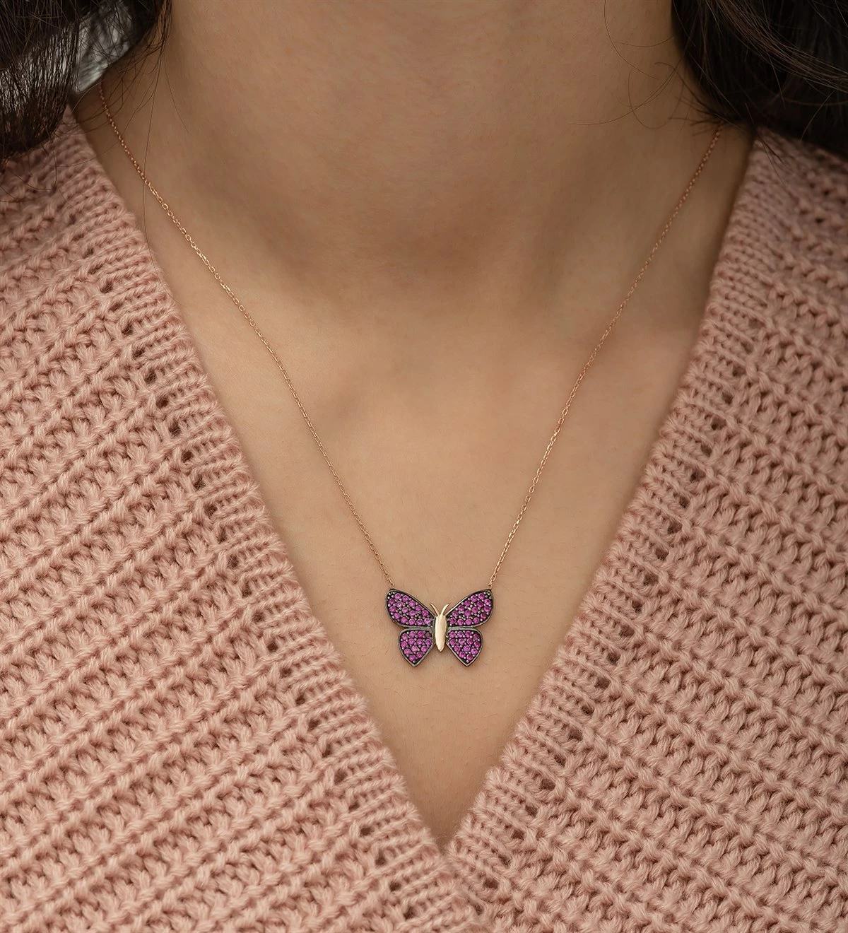 Qafore argjendi, ngjyrë rozë e artë dhe fuchsia, flutur, Jumeon, NRZ1061