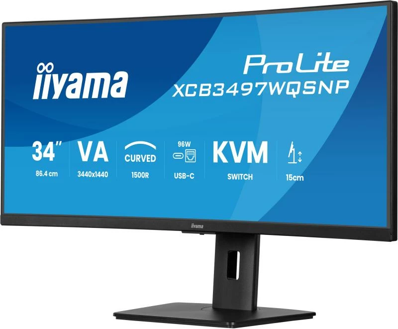 Monitor, iiyama, ProLite XCB3497WQSNP-B1, 34" UWQHD 3440×1440 VA 1500R, USB-C dock 96W, KVM, e zezë