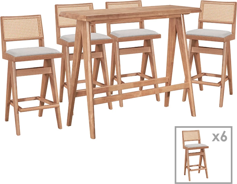 Set bar për ngrënie Winslow 7 pjesë dru gome ngjyrë arre e çelët 120x45x100cm