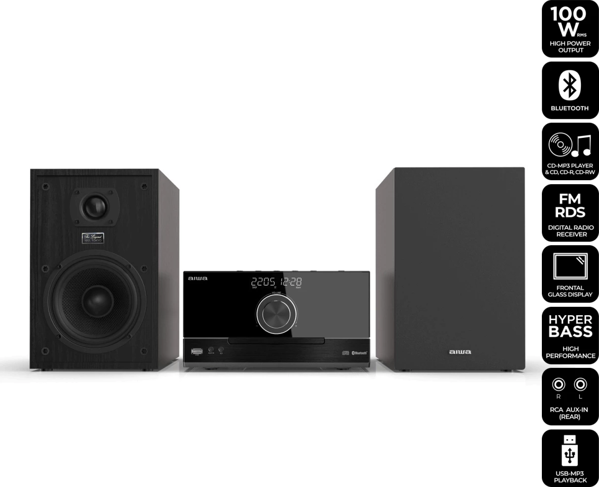 Sistem mikro stereo Hi‑Fi Aiwa MSBTU-600, 100W RMS, Bluetooth 5.0, CD/USB/FM, i zi, set me 2 altoparlantë