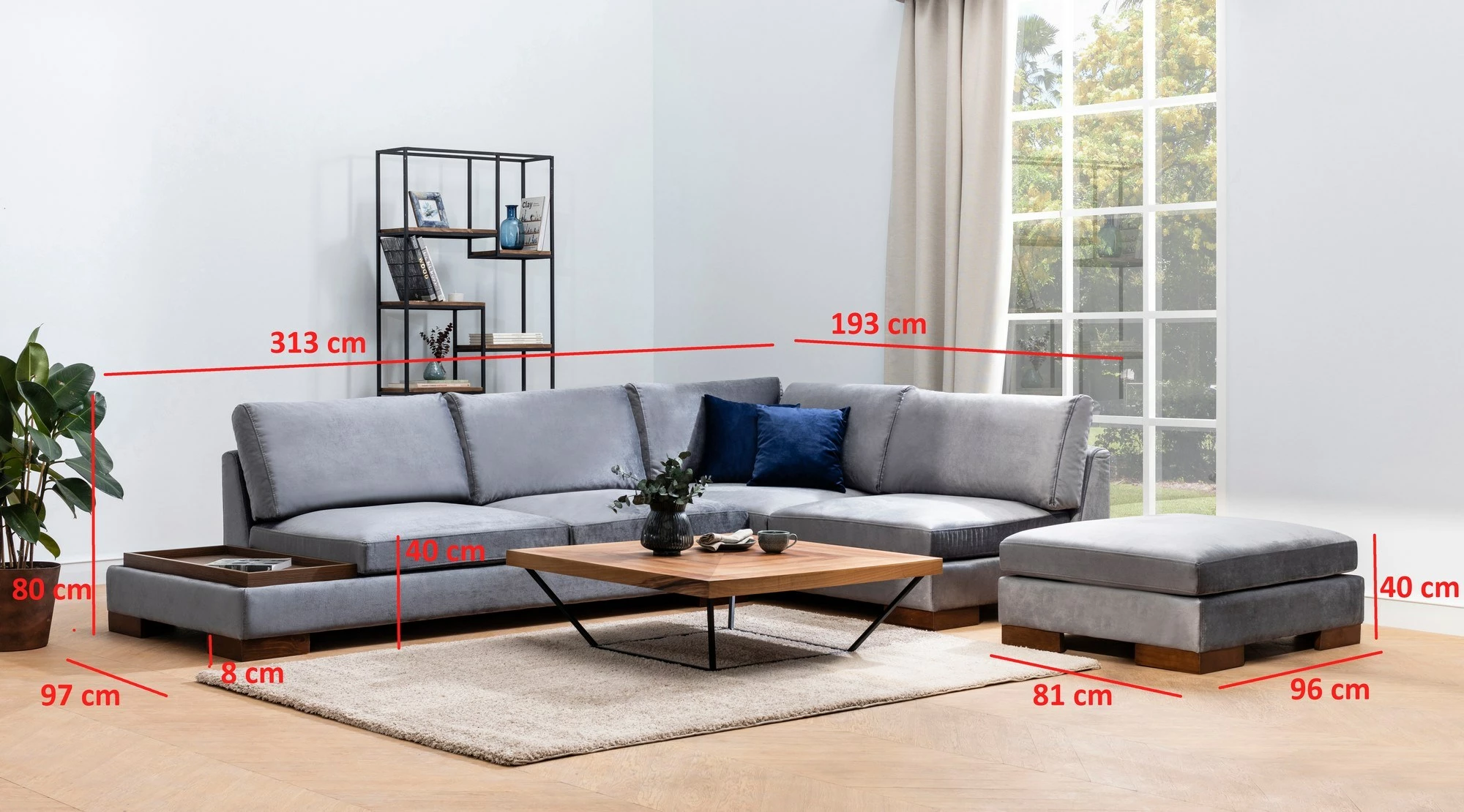 Këndare Atelier del Sofa Tulip, këndore e djathtë me puf, ngjyrë gri e errët