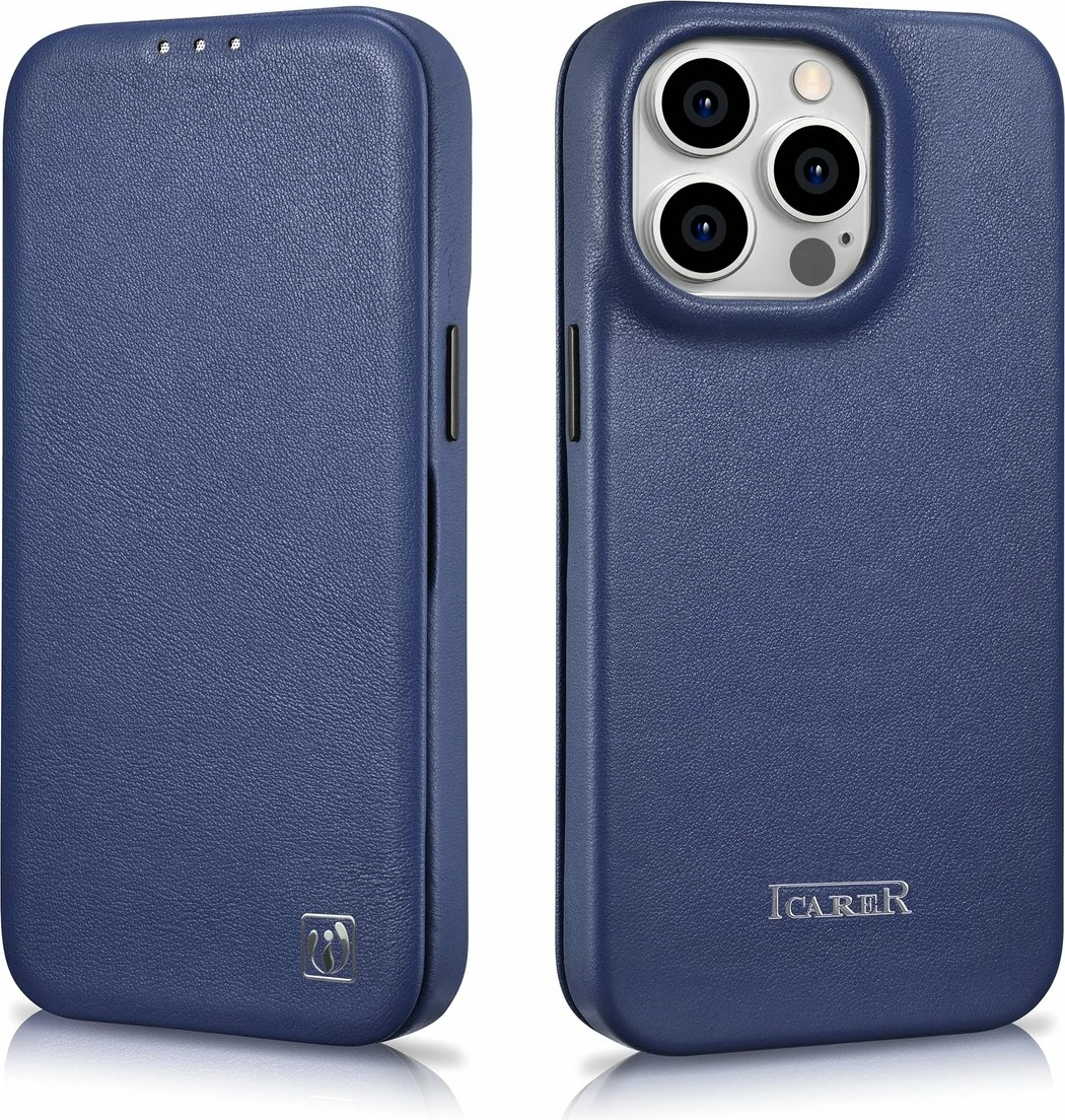 Mbështjellës iCarer CE Premium lëkurë folio për iPhone 14 Pro, MagSafe, Blu
