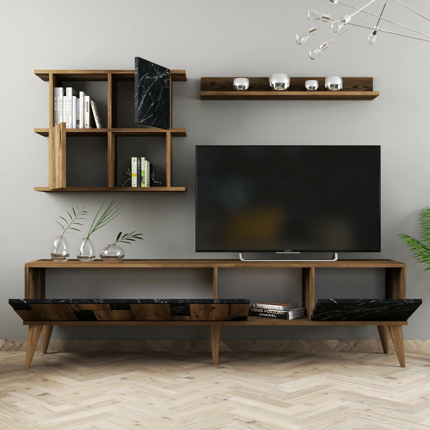 Komodë TV Skye Decor, Madrid, ngjyrë arre dhe e zezë