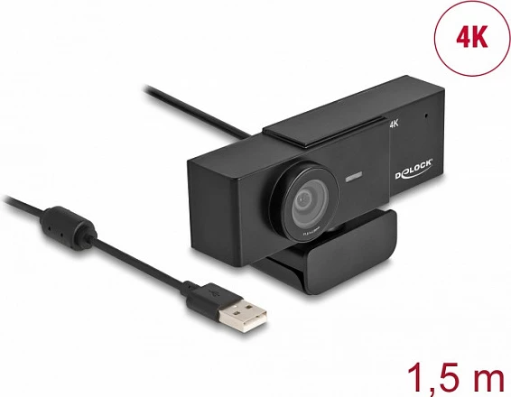 Webkamerë DeLOCK USB UHD 4K 30fps, 8MP, 110°, me mikrofon dhe tripod, e zezë