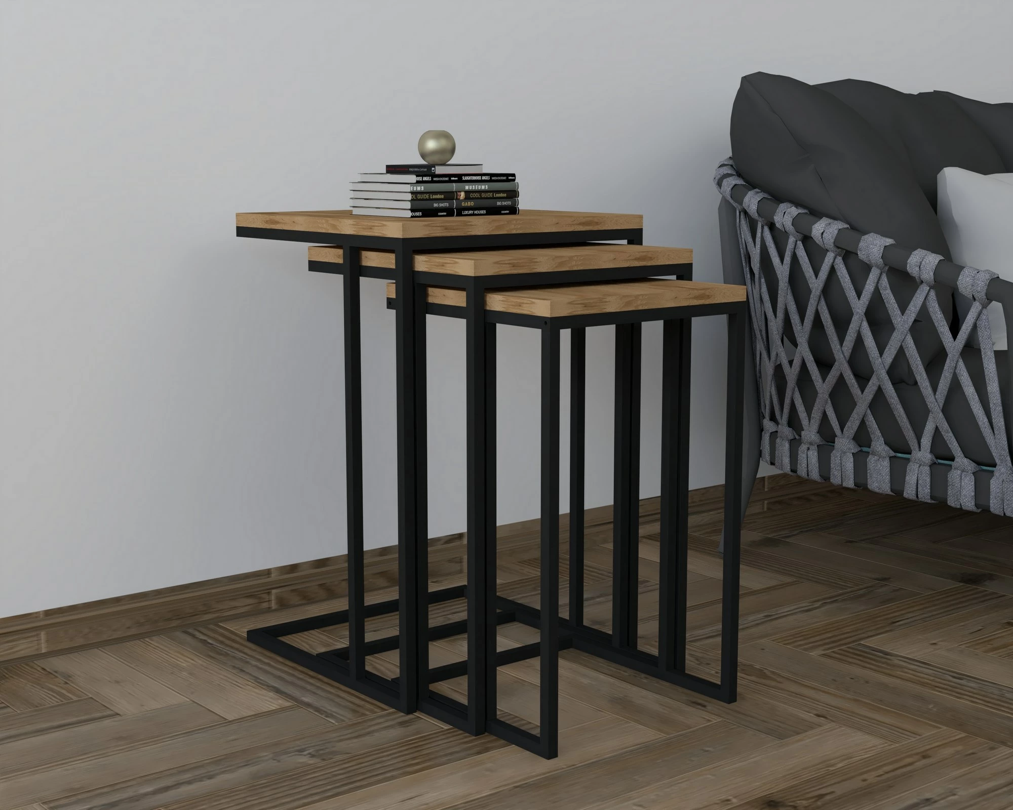 Set tavolinash ndihmëse Hanah Home, 3 copë, ngjyrë e zezë dhe oud