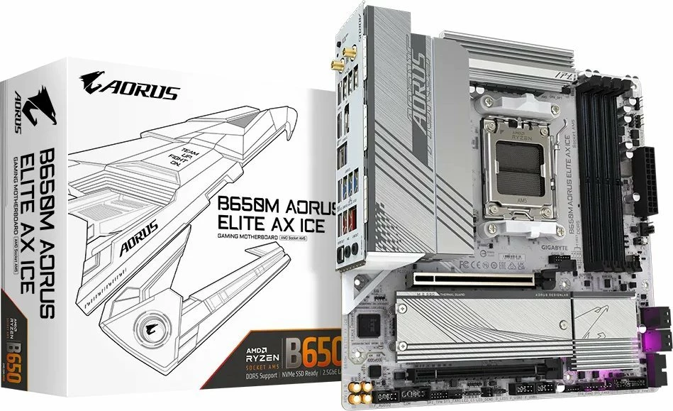 Pllakë amë Gigabyte B650M AORUS ELITE AX ICE Micro-ATX, DDR5, Wi‑Fi, Bluetooth, 7.1 Audio, e bardhë