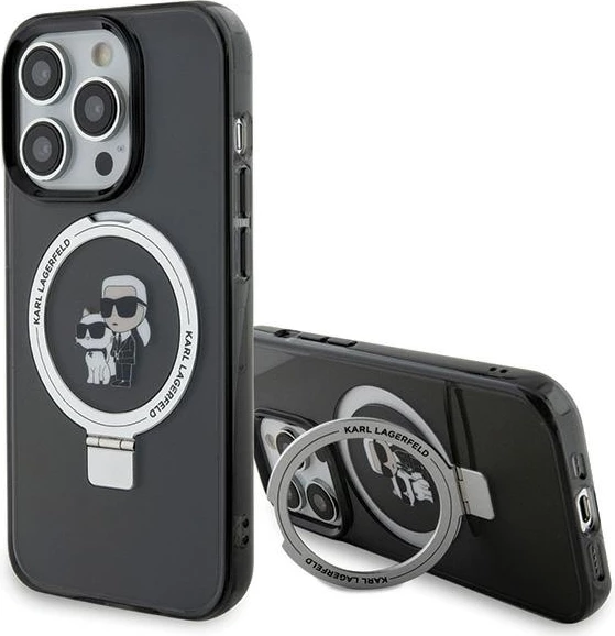 Mbështjellës Karl Lagerfeld KLHMP15LHMRSKCK për iPhone 15 Pro 6.1", me unazë Ring Stand Karl&Choupette, MagSafe, zi