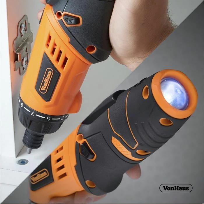 Set veglash dore dhe kaçavidash VONHAUS 3500027, 94 copë, kaçavidë elektrike Li-ion 3.6V, me çantë veglash, gri/portokalli