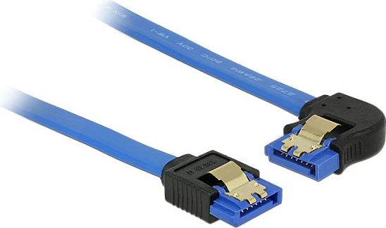 Kabllo SATA III DeLOCK 50cm, 6Gb/s, 7-pin straight në 7-pin left-angled, me kapësa të artë, blu/zi