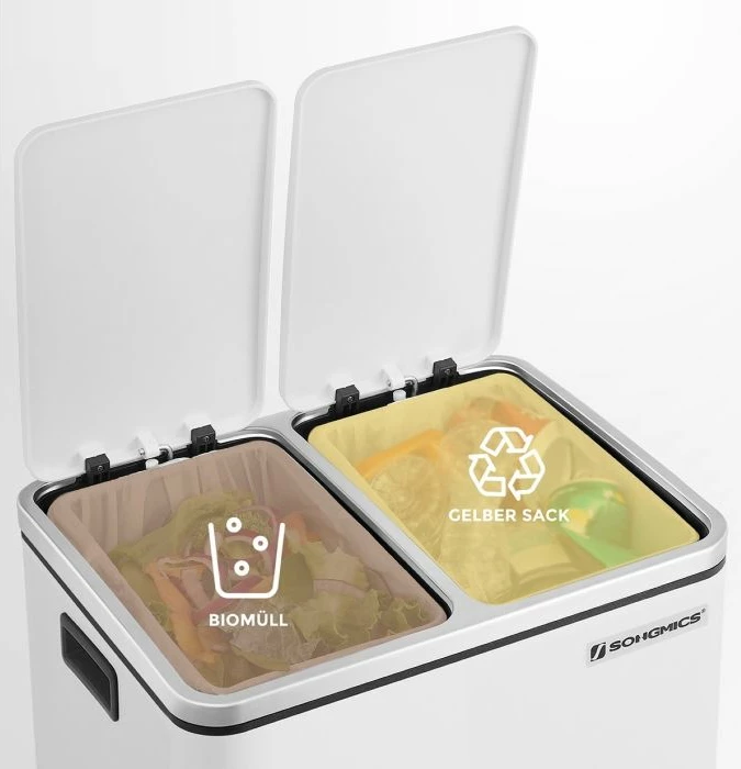 Kosh plehrash kuzhine SONGMICS LTB30WTA, 2 x 15 L, 2 ndarje, me pedal, soft-close, i bardhë