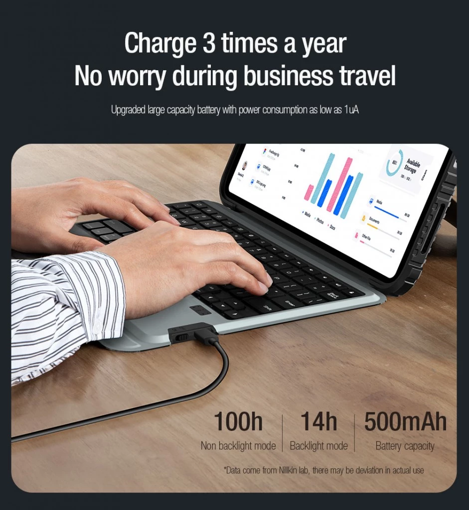 Mbështjellës me tastierë Nillkin 24004 për Apple iPad 10.9" 2022 / 11" 2025, touchpad, taste me drita, Bluetooth 3.0, 180 mAh, e zezë