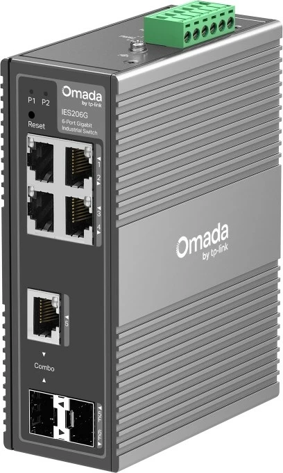 Switch industrial TP-Link Omada IES206G, 6 porta Gigabit (4x RJ45, 1x RJ45/SFP Combo, 1x SFP), IP40, -40~75°C, menaxhim i lehtë Omada, montim DIN/mur