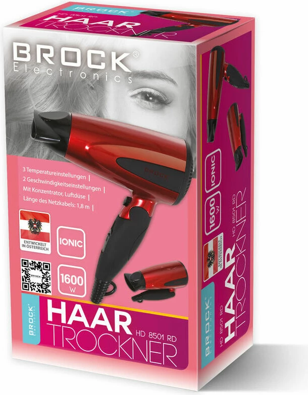 Fen për flokë Brock HD 8501 RD, 1600 W, me jonizues, dorezë e palosshme, kuq/zi