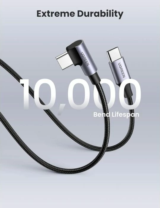kabllo USB-C në USB-C UGREEN 50125, 60W, 2m, kënd 90°, e thurur najloni, e zezë/argjend